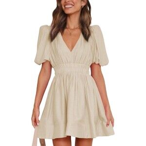 Women Size Medium V-Neck Puff Sleeve Apricot Dress Elastic High Waist NWT